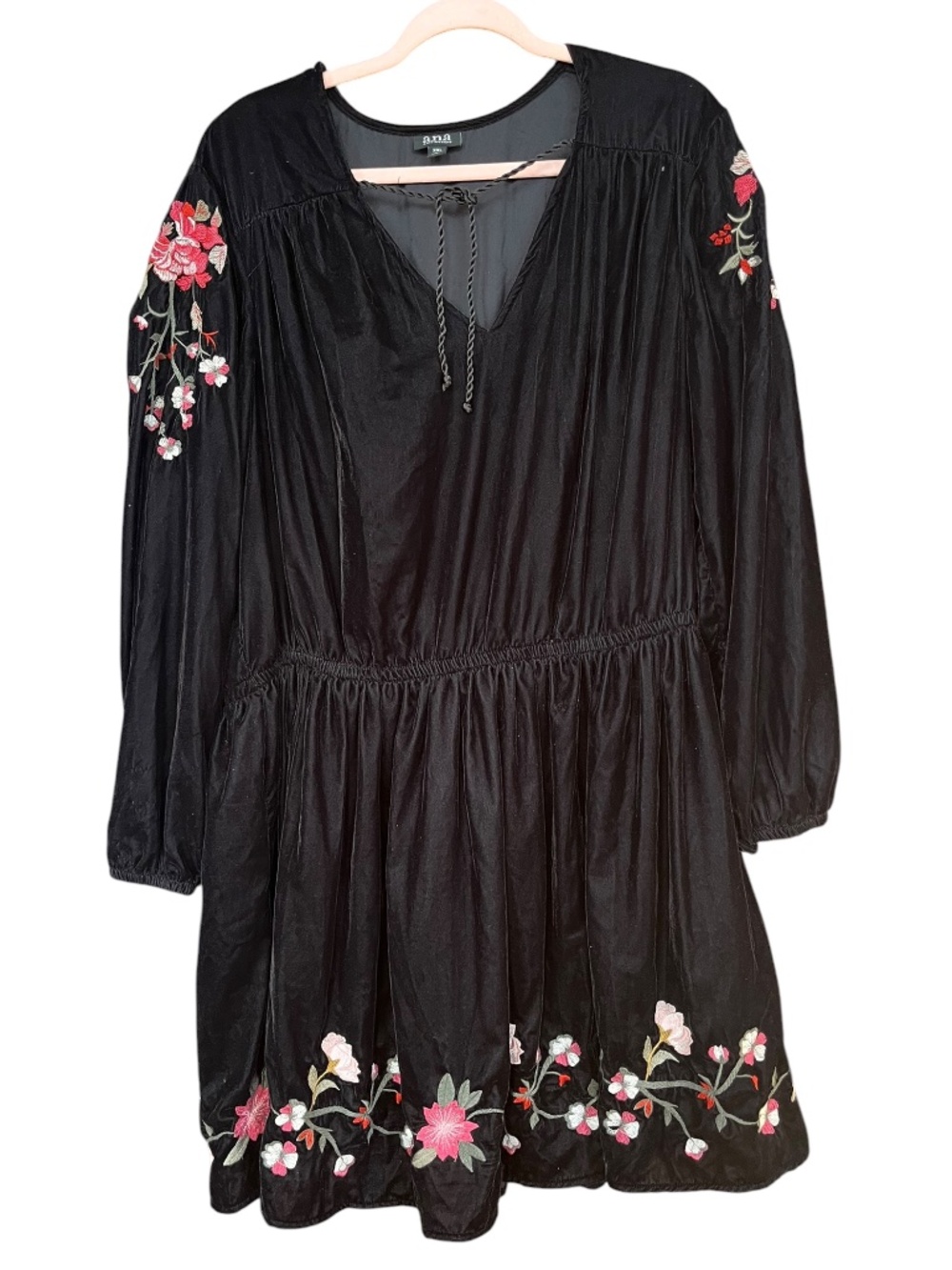 A.N.A. Black Velvet Floral Embroidery Long Sleeve Boho Peasant Dress SZ XXL